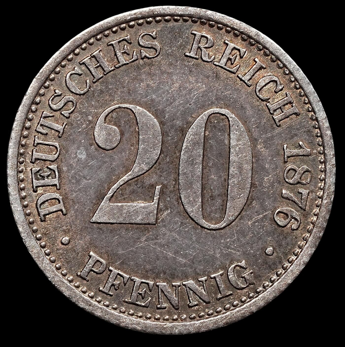 修遠堂世界钱币第七十六期 1876年德国20芬尼银币D厂铭