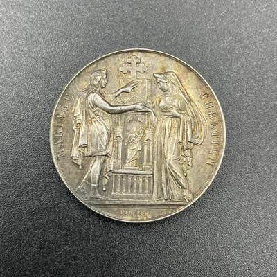 「木头集藏」章牌专场-第58场 - 1914年法国婚礼银章，直径：28mm，12.2 g，边铭：丰饶角 1ARGENT,背面花体刻字。