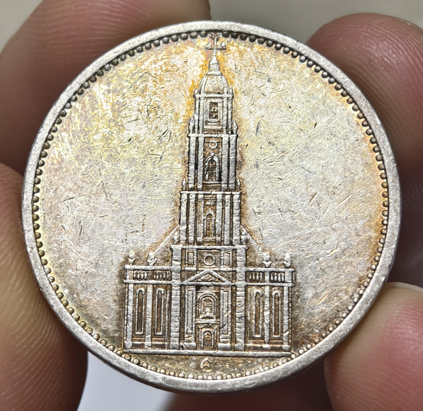 紫瑗钱币——第567期 德国 1935年 E版 波茨坦教堂 5马克 13.9克 0.9银 五彩包浆