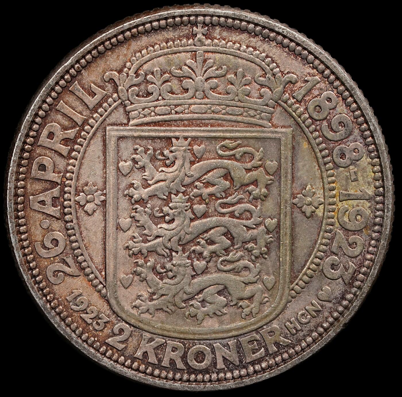 修遠堂世界钱币第七十六期 1923年丹麦国王银婚纪念2克朗银币 15g，含银80%