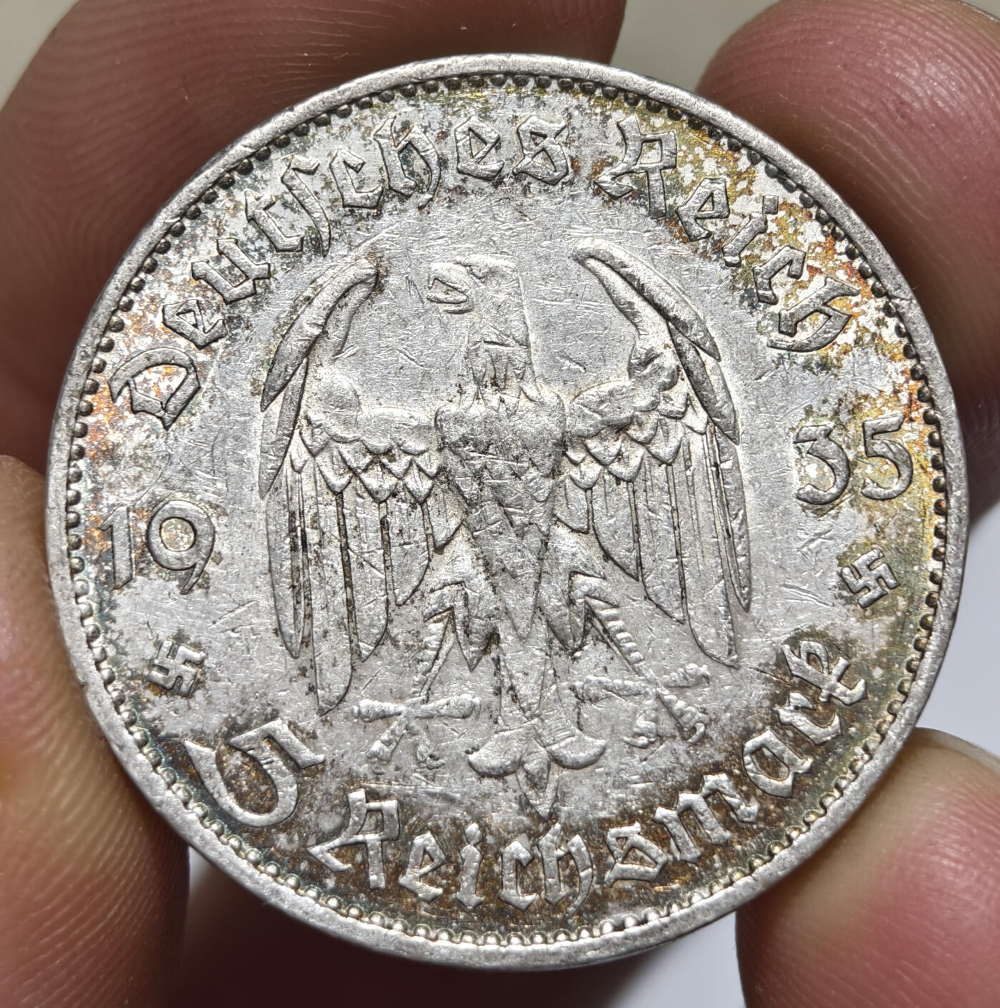 紫瑗钱币——第567期 德国 1935年 E版 波茨坦教堂 5马克 13.9克 0.9银 五彩包浆