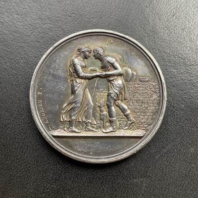 「木头集藏」章牌专场-第58场 - 法国婚礼银章，直径：36mm，22.2g，边铭：手指 ARGENT （1845-1860），泰利斯2012版婚章目录：2607C号，背面新人首字母：CM，1878年刻字使用，名家旧藏。