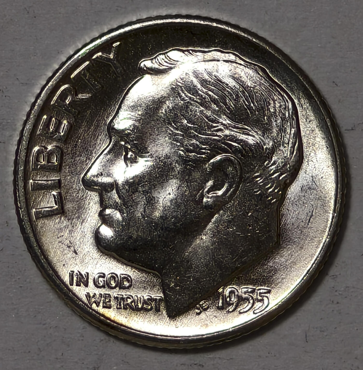 紫瑗钱币——第567期 美国 1955年 D版 罗斯福 10美分 2.5克 0.9银 BU 可评级