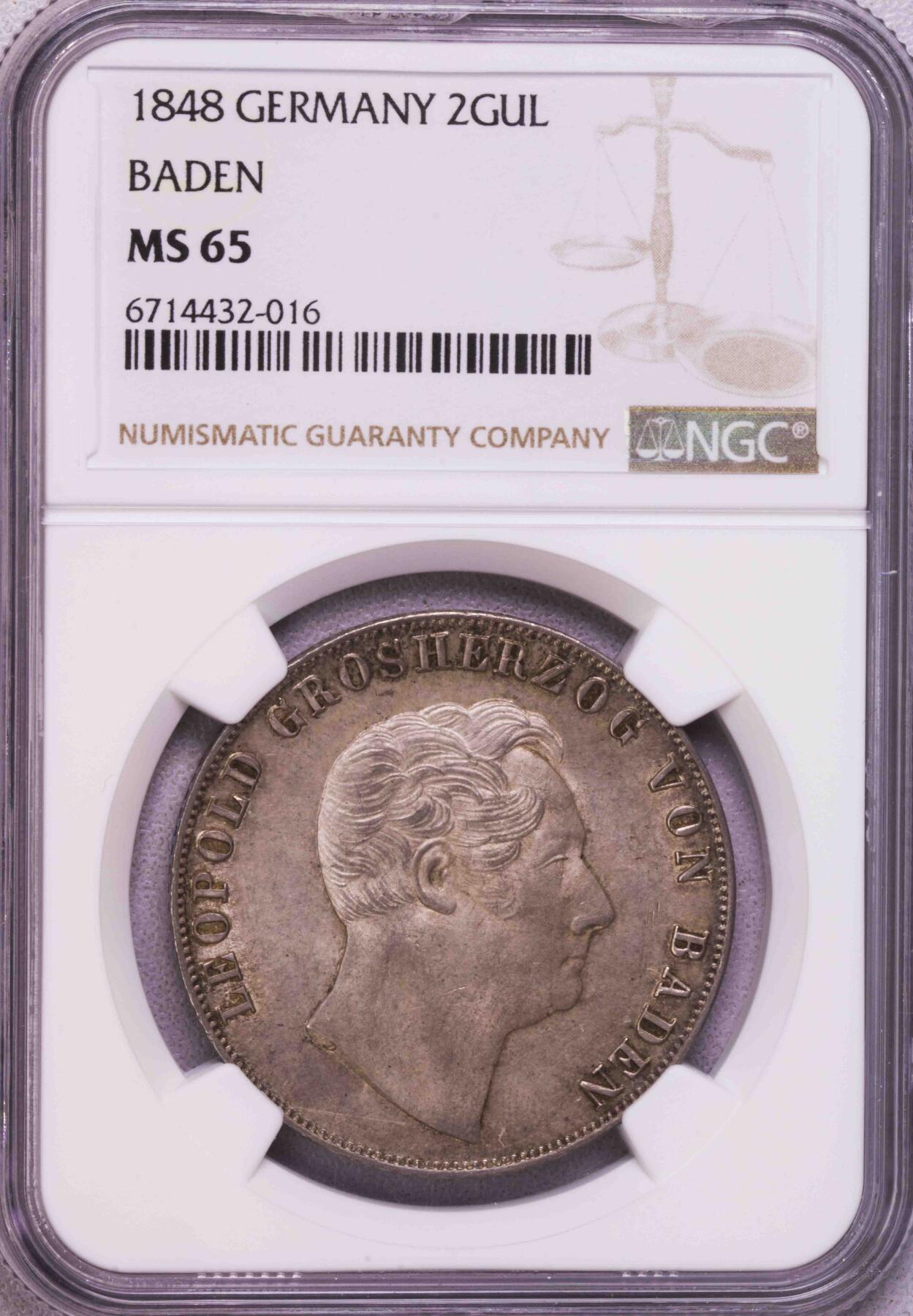 NGC-MS65 1848巴登双狮鹫2盾大银币 冠军粉光