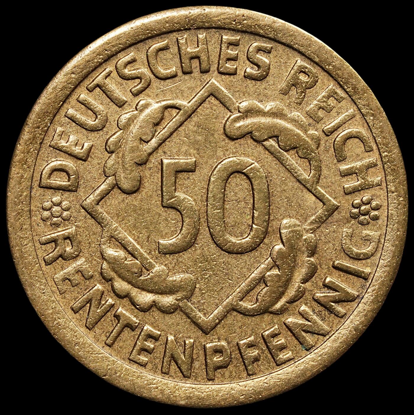 修遠堂世界钱币第七十六期 1924年德国50芬尼 F厂铭