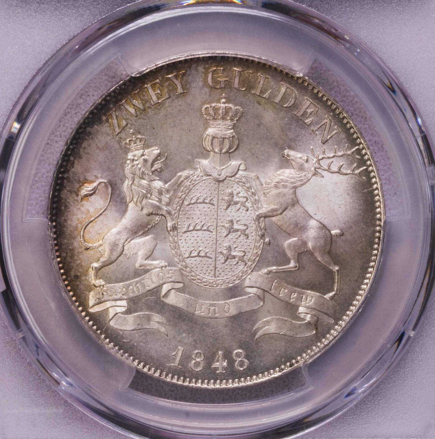 PCGS-MS64 1848符腾堡狮鹿2盾大银币 冠军