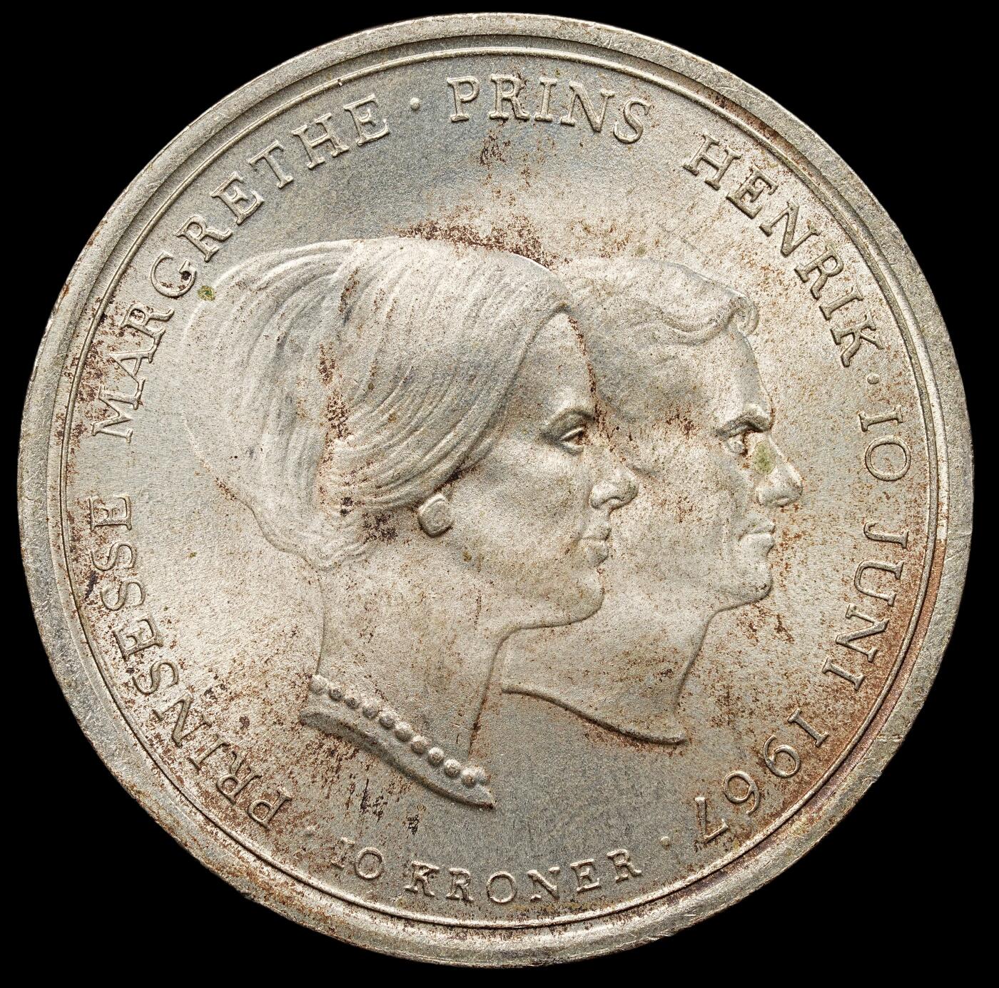 修遠堂世界钱币第七十六期 1967年丹麦玛格丽特公主结婚纪念10克朗银币 20.40g，含银80%  未流通