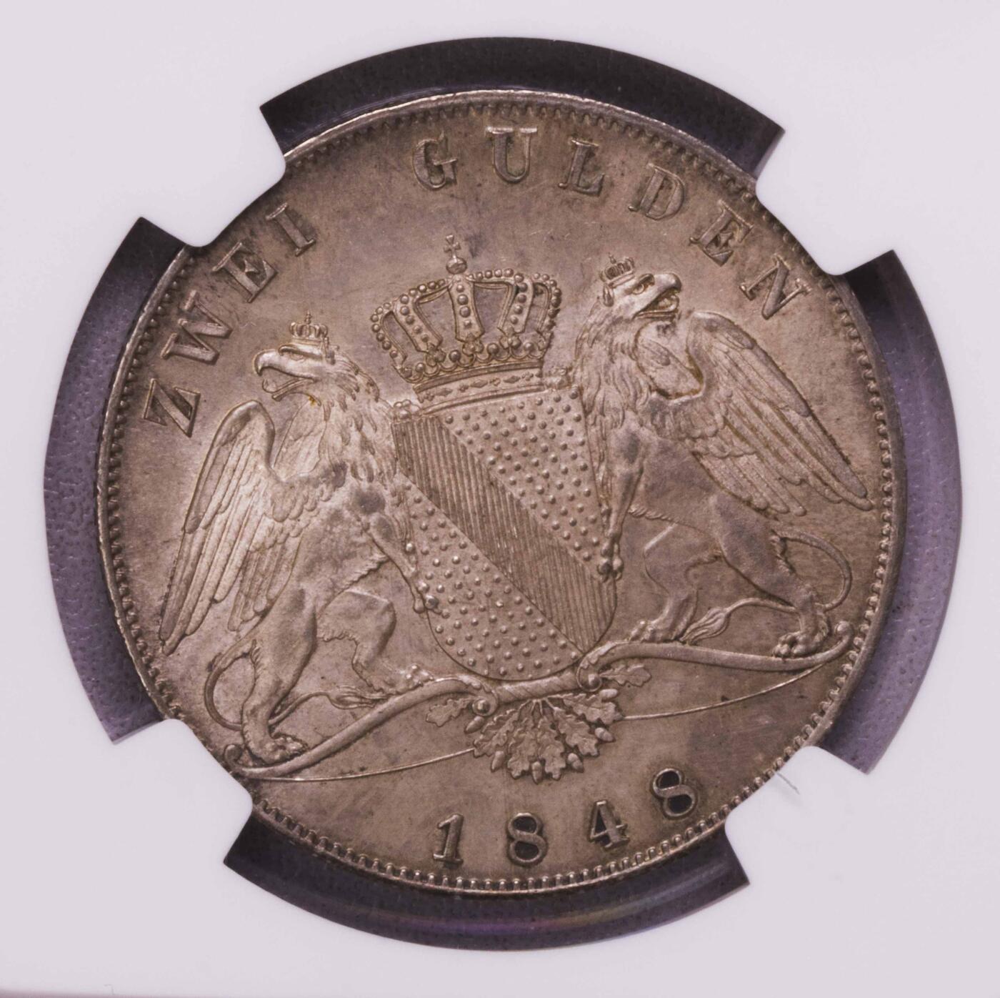 NGC-MS65 1848巴登双狮鹫2盾大银币 冠军粉光
