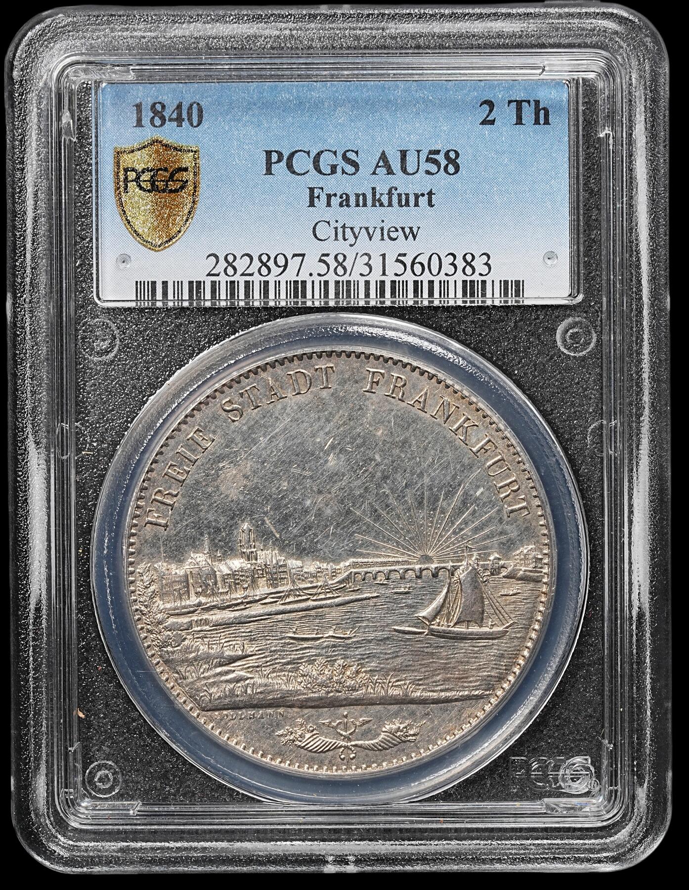 修遠堂世界钱币第七十六期 PCGS AU58 1840年法兰克福景观2泰勒大银币 大热门品种 类镜面底板