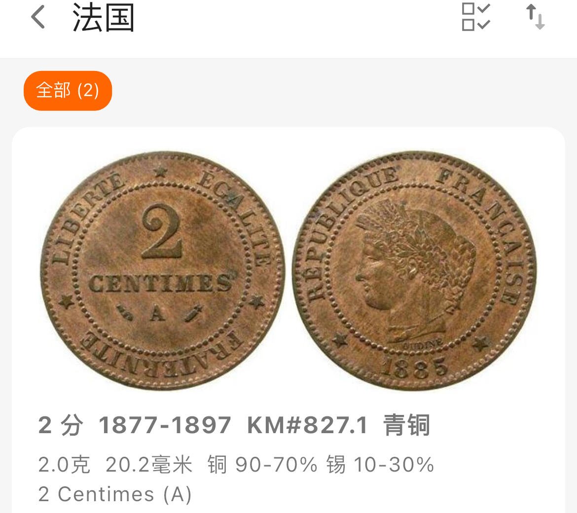 杂币散拍 法国1896年第三帝国2分谷物女神铜币 未流通