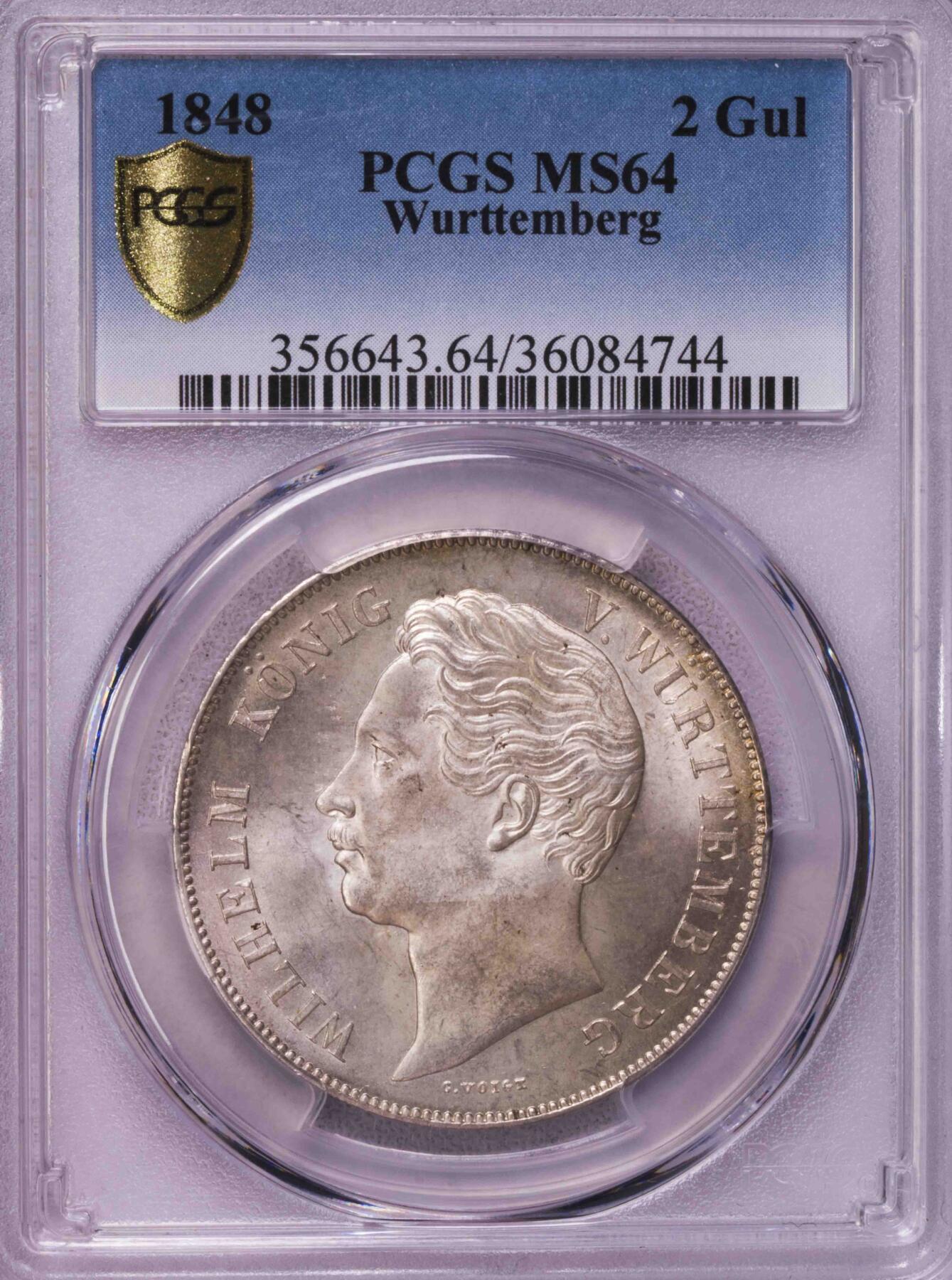 PCGS-MS64 1848符腾堡狮鹿2盾大银币 冠军