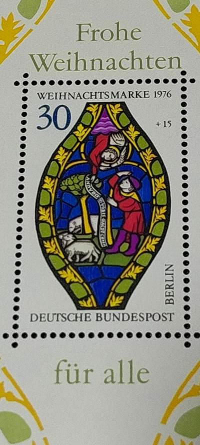 德国邮票专场，都是小型张、小全张 德国西柏林邮票小型张一张，1976年德国教堂玻璃窗镶嵌画：宗教故事  小型张，品相如图
