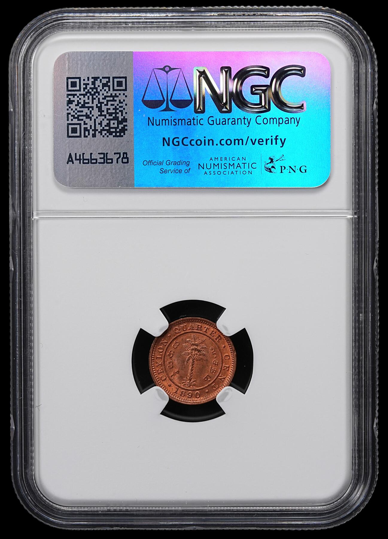修遠堂世界钱币第七十六期 NGC MS65RB 1890年英属锡兰1/4分铜币