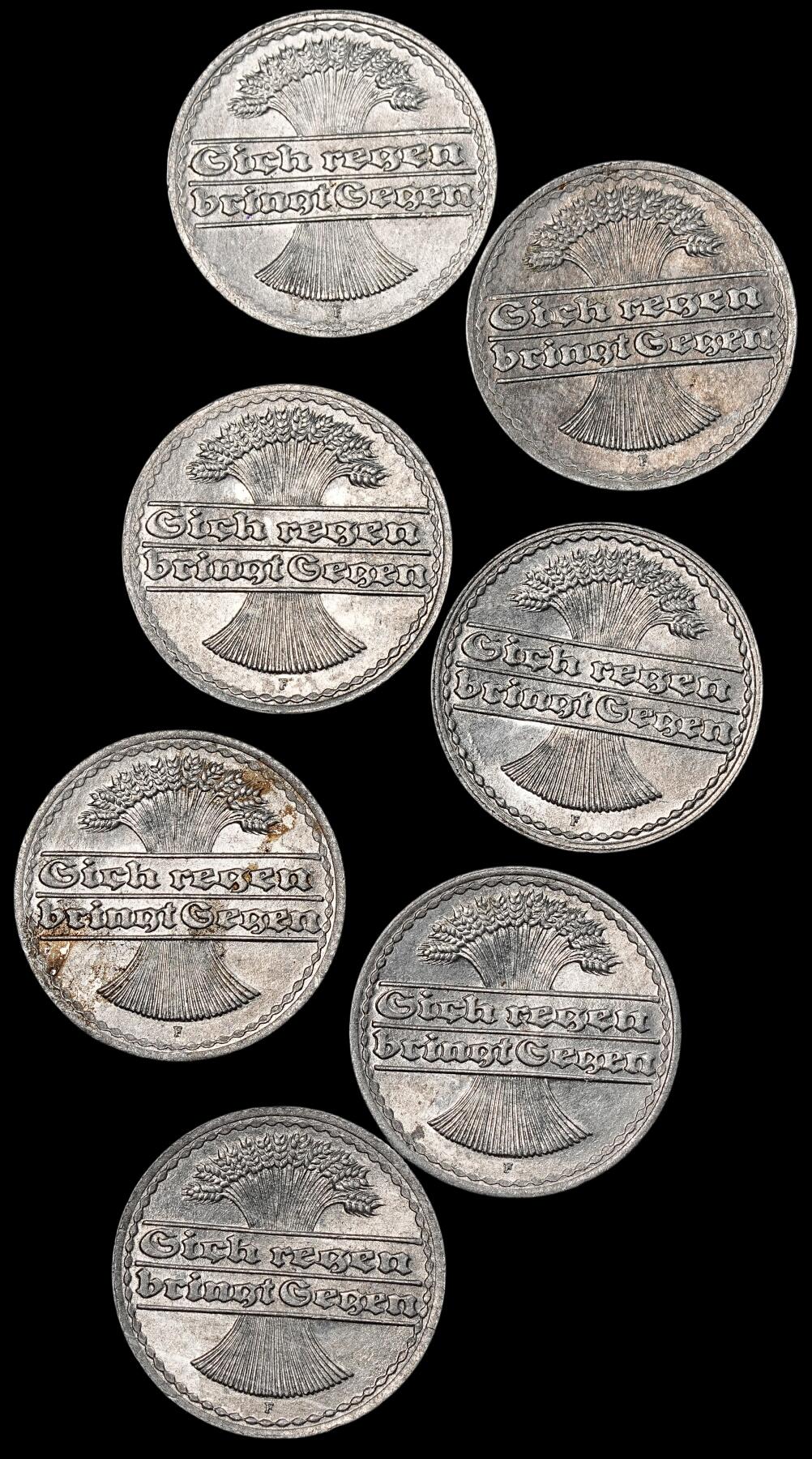修遠堂世界钱币第七十六期 1921年德国魏玛共和国50芬尼铝币一组 F厂铭 原卷出 完全未流通