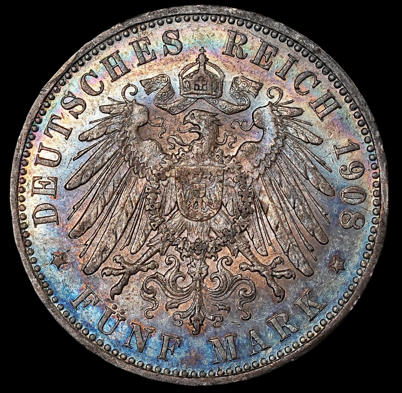 修遠堂世界钱币第七十六期 1908年普鲁士5马克大银币  五彩