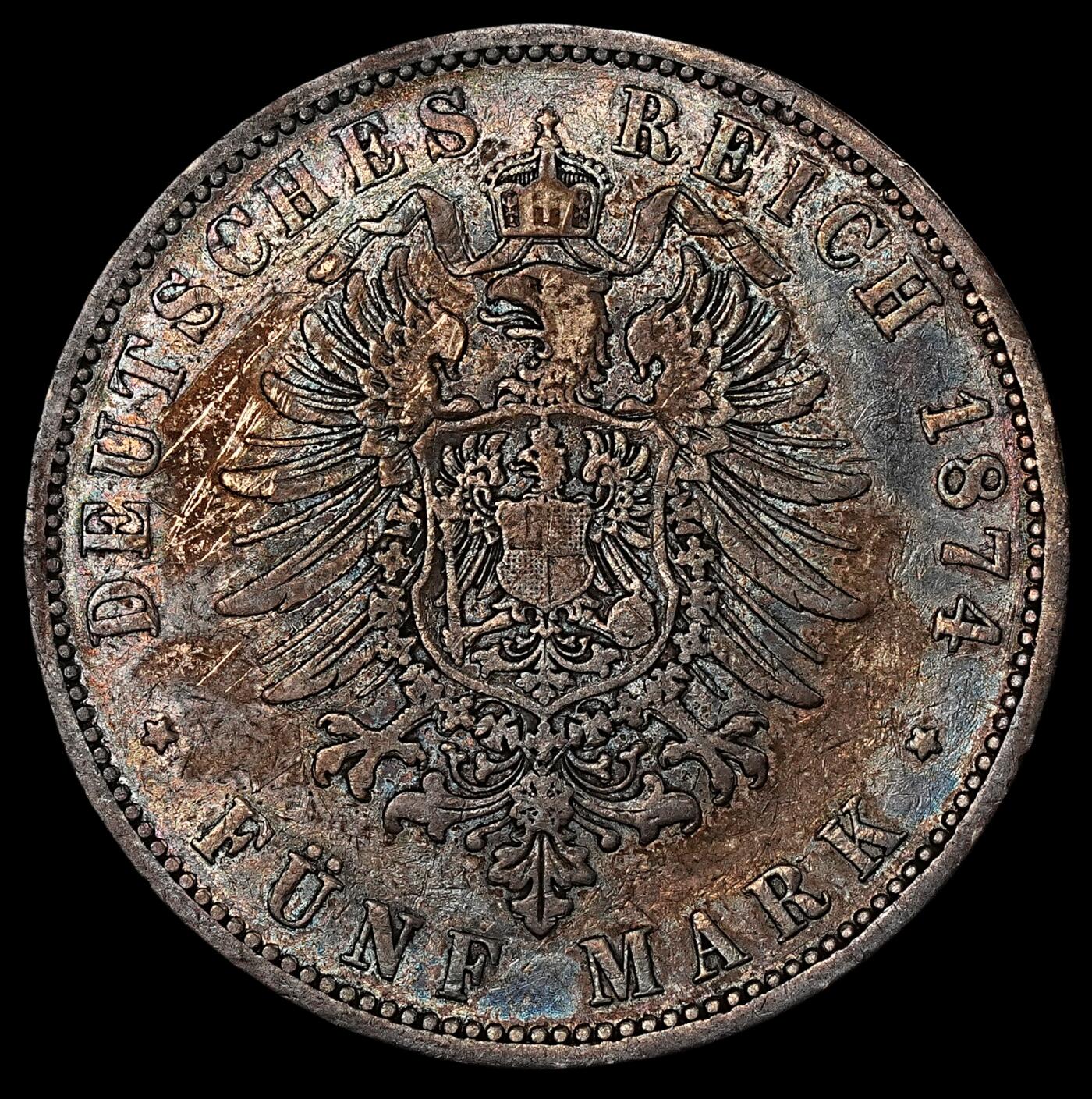 修遠堂世界钱币第七十六期 1874年普鲁士短翅鹰5马克大银币 A厂铭 少见年份 五彩
