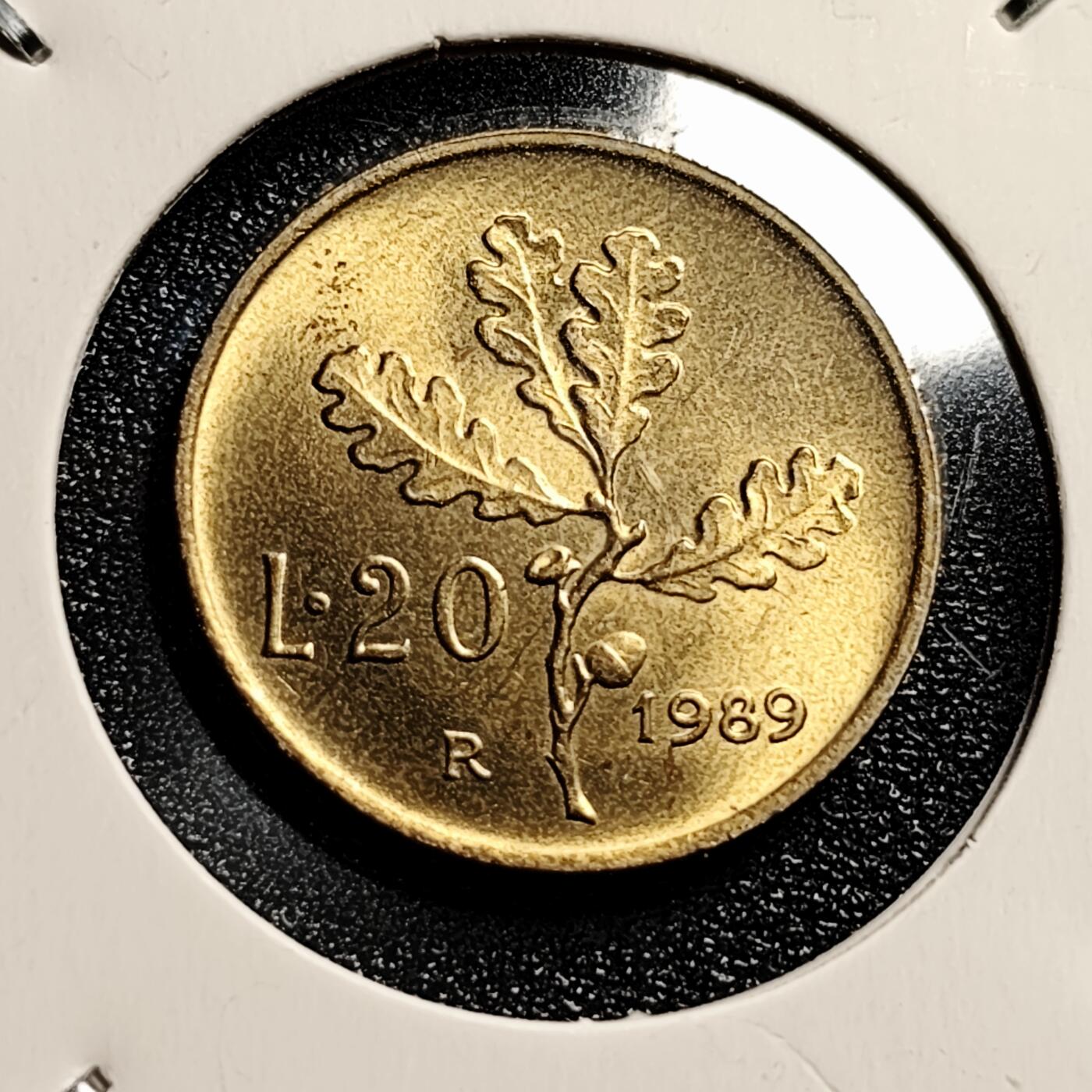 泉币菌-第45场-周末精品福利场 原光UNC 意大利1989年 20里拉硬币  罗马十二神 谷神-克瑞斯 21.2mm