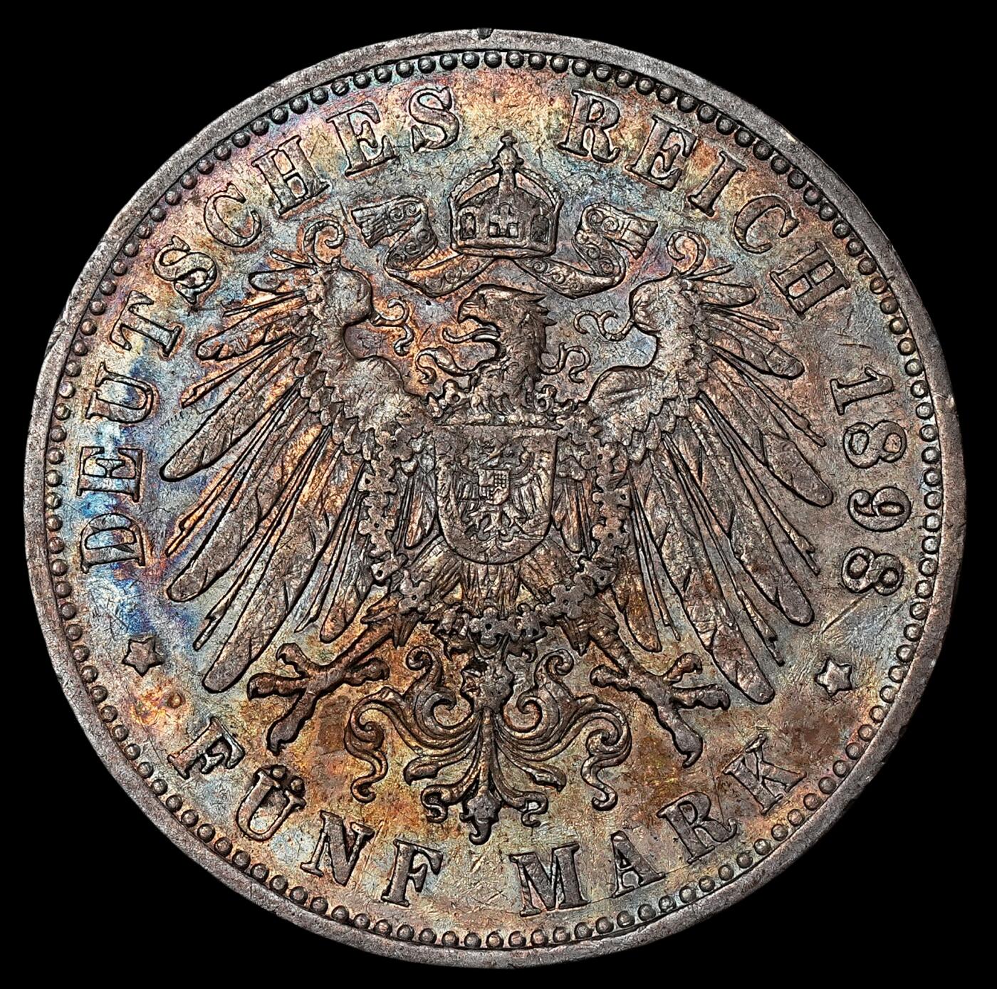 修遠堂世界钱币第七十六期 1898年普鲁士5马克大银币  较少见年份 五彩