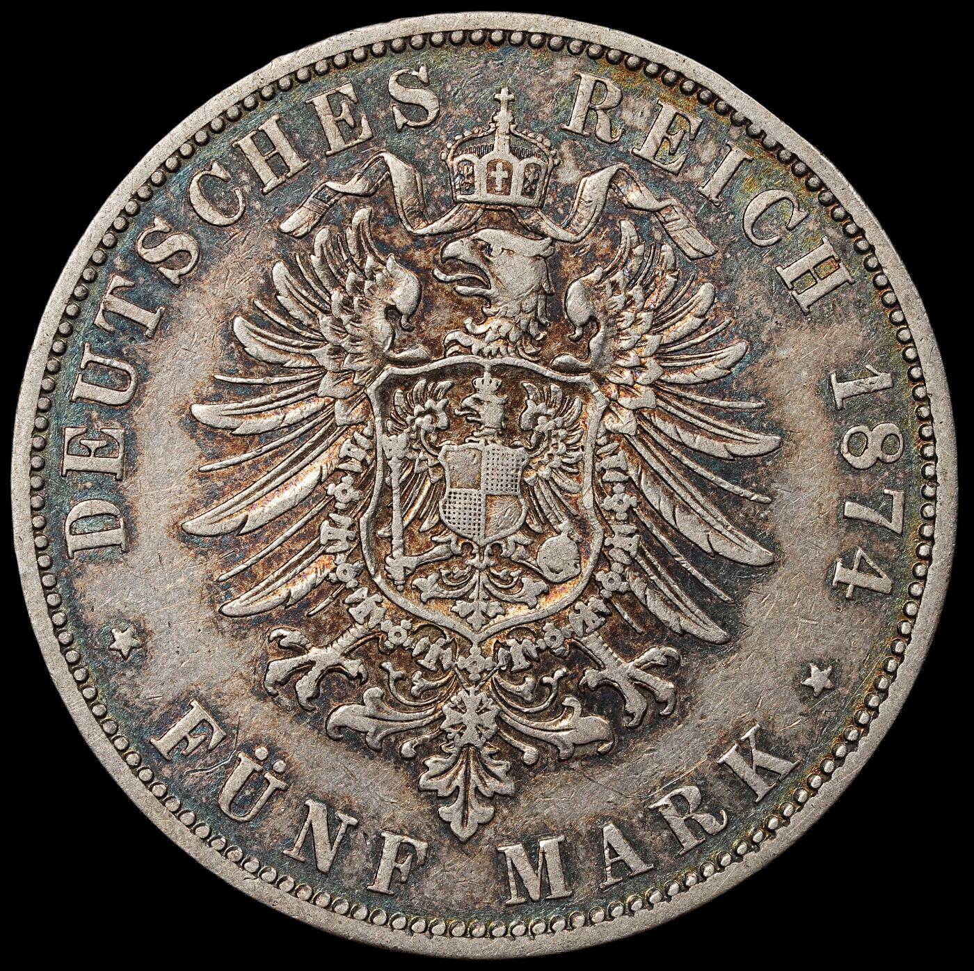 修遠堂世界钱币第七十六期 1874年普鲁士短翅鹰5马克大银币 A厂铭 少见年份