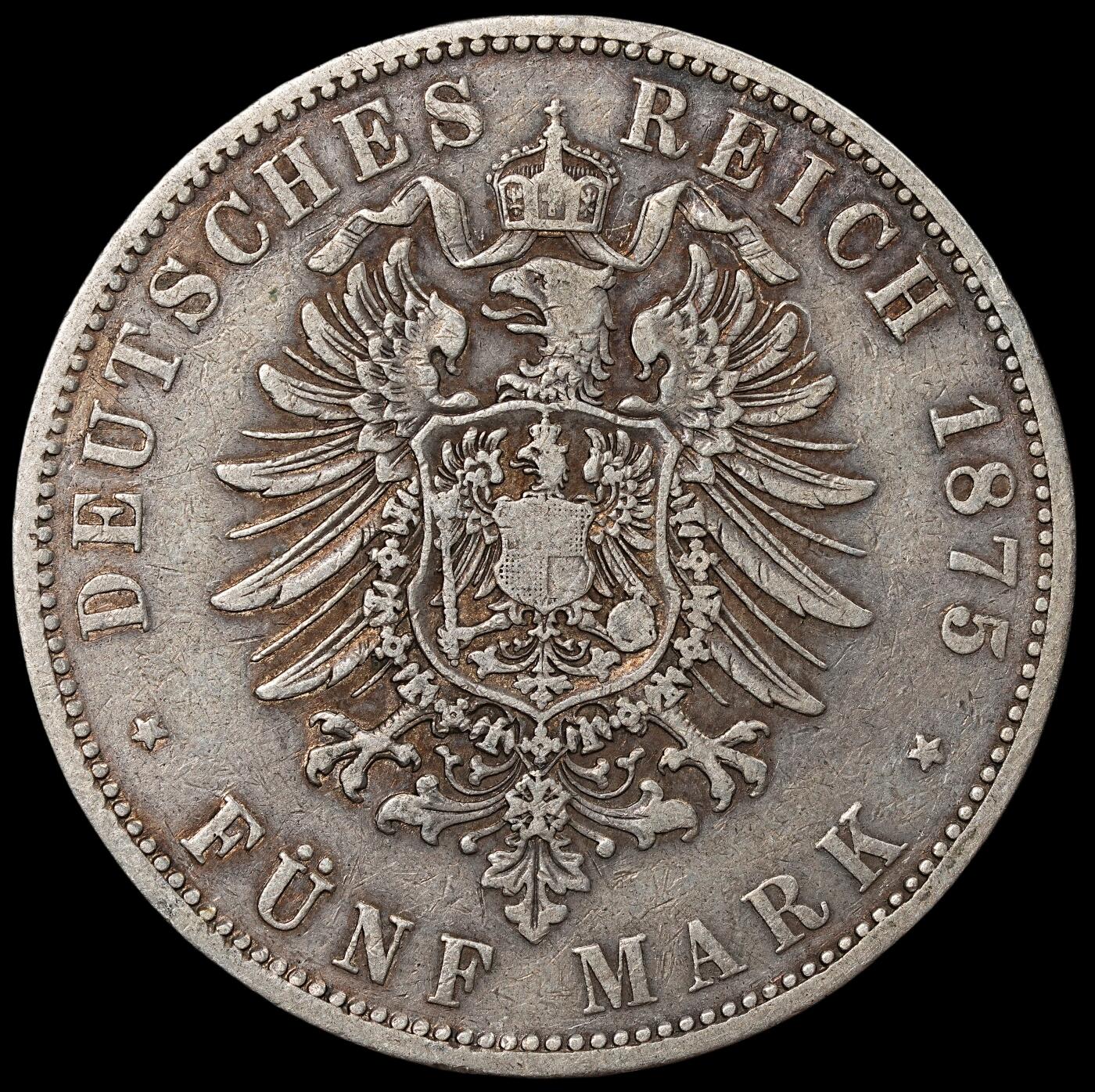 修遠堂世界钱币第七十六期 1875年普鲁士短翅鹰5马克大银币 A厂铭 少见年份