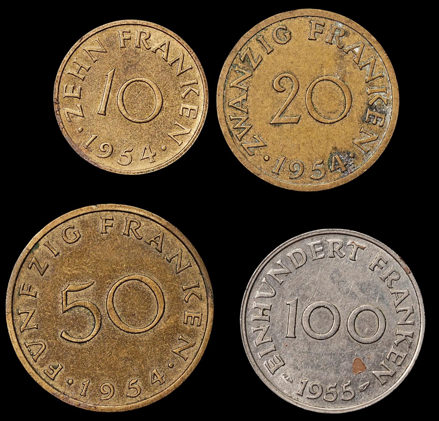 修遠堂世界钱币第七十六期 1954-1955年法占德国萨尔州钱币一套4枚