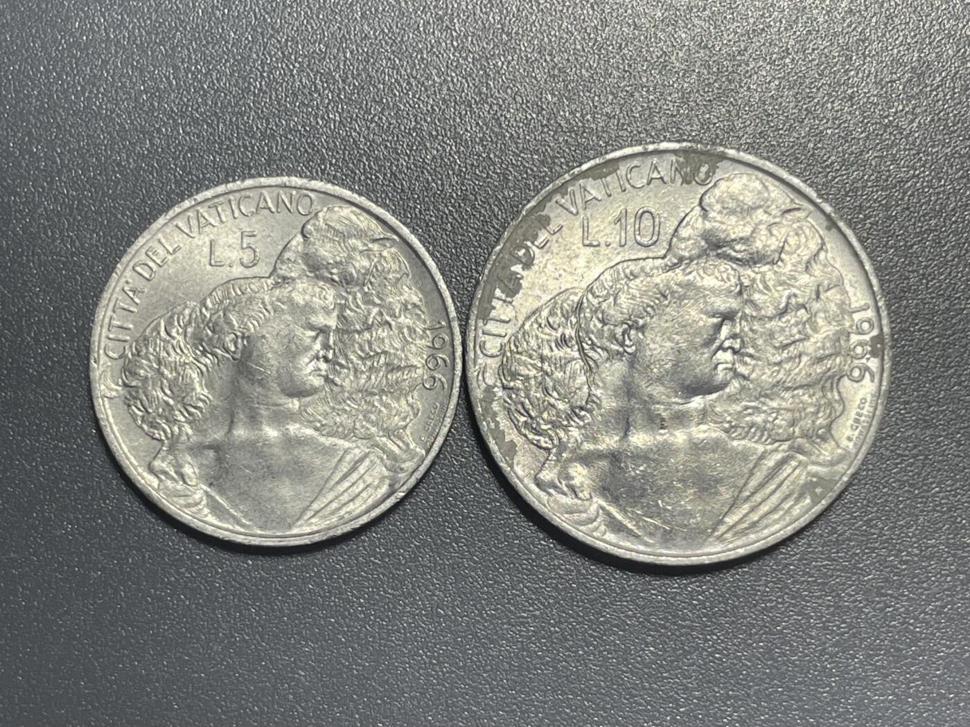 杂币散拍 梵蒂冈1966年5、10里拉铝币 牧人与羊 发行量9-10万枚