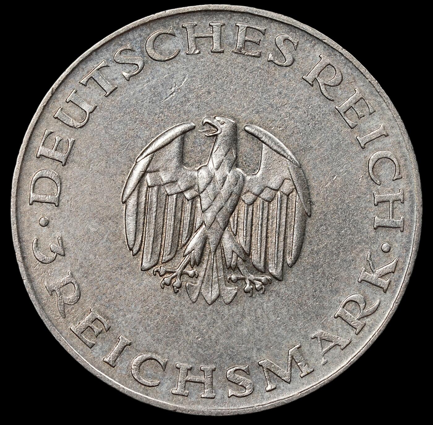 修遠堂世界钱币第七十六期 1929年德国魏玛政府-戈特霍尔德·埃夫莱姆·莱辛诞辰200周年纪念3马克银币 D厂铭