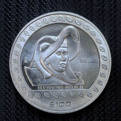 道一币馆币章第一百三十五场 - 墨西哥1992年美洲历史系列-鹰头武士100比索纪念银币 1盎司 999S