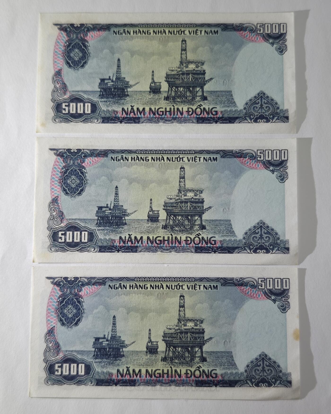 较少越南1987年5000盾靓品靓号退出流通老纸币原票直板3张一起打包出