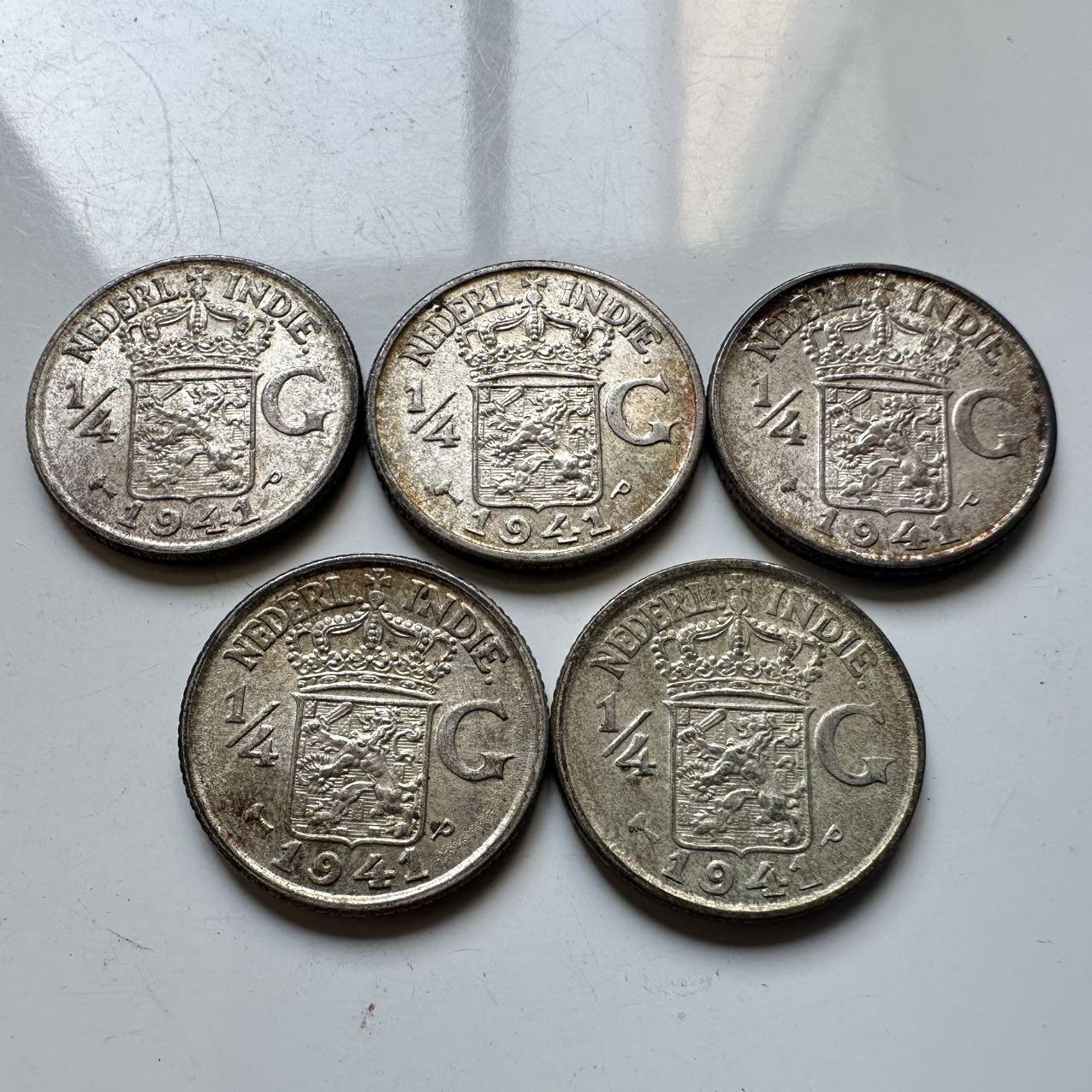 🌹外币初藏🌹🐯2025年第70场  每周二四六晚8️⃣点 接代拍 荷属东印度1941年P版1/4盾银币 好品5枚组