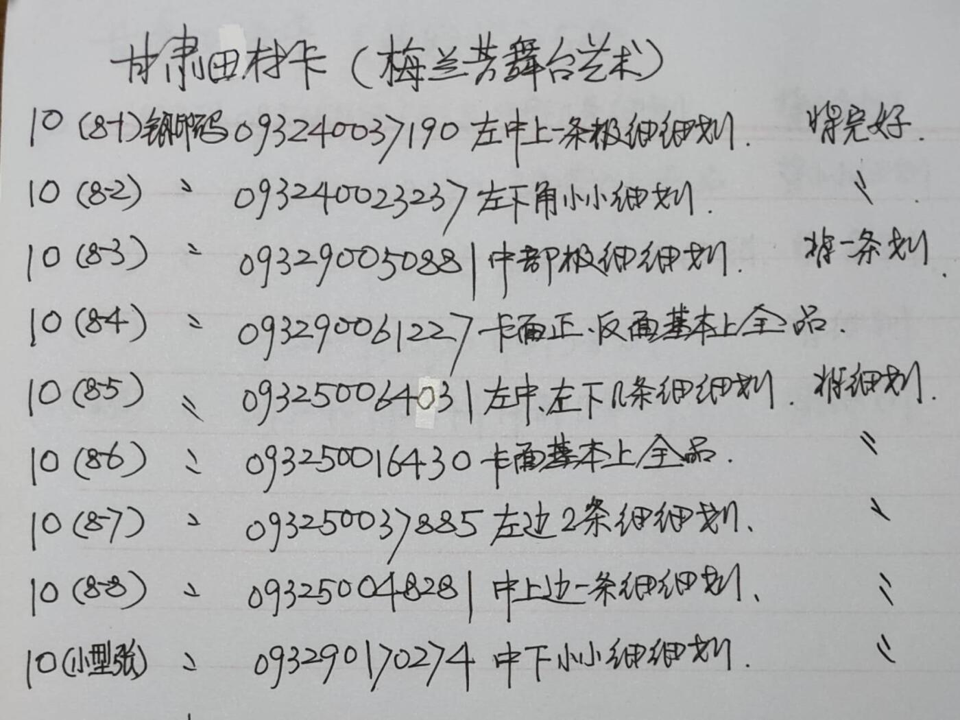 公藏第50期裸卡拍卖 甘肃田村卡（梅兰芳舞台艺术）9全品相钢印码见描述。