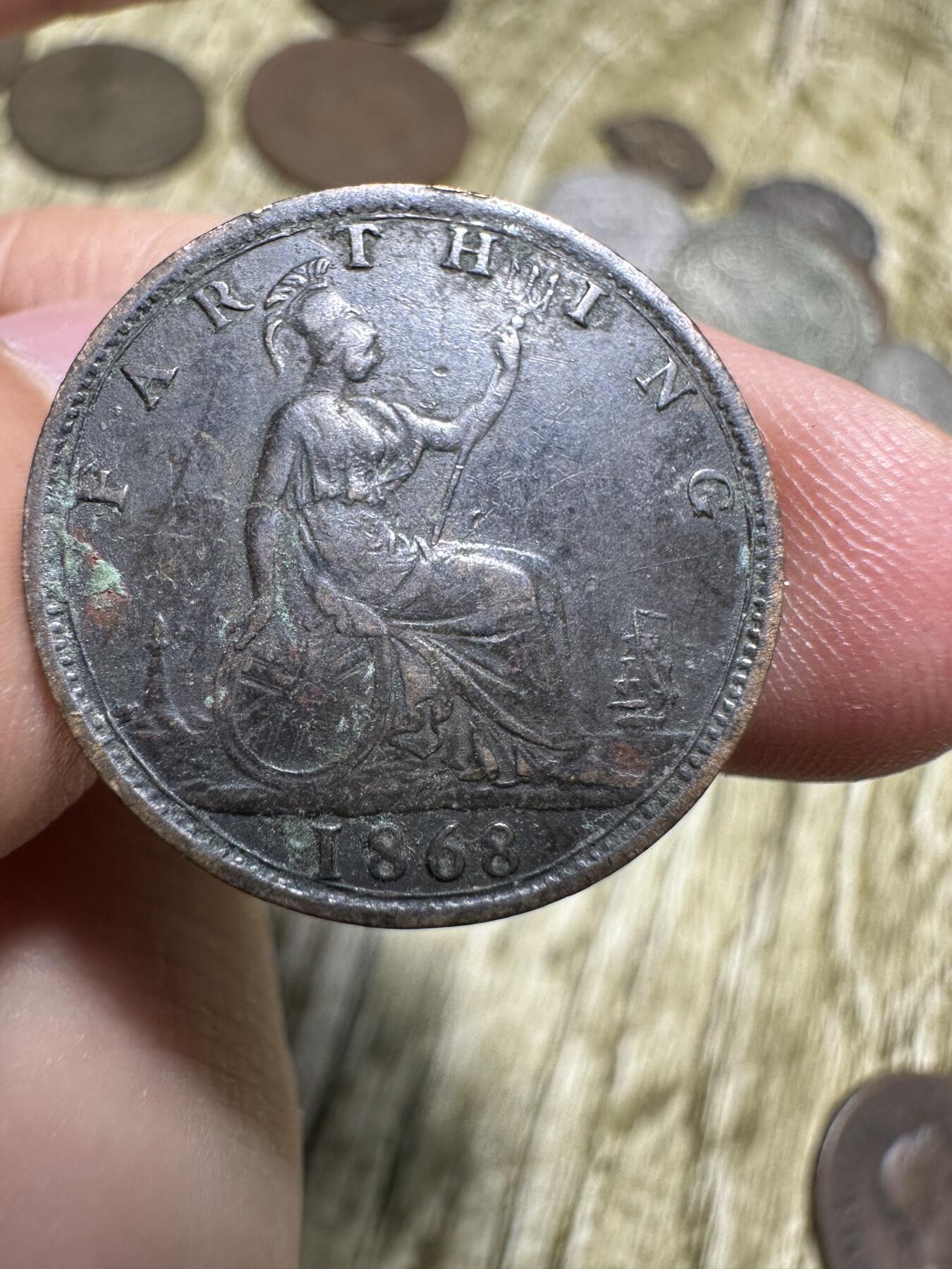 章，世界钱币 英国维多利亚1法新铜币，1868年