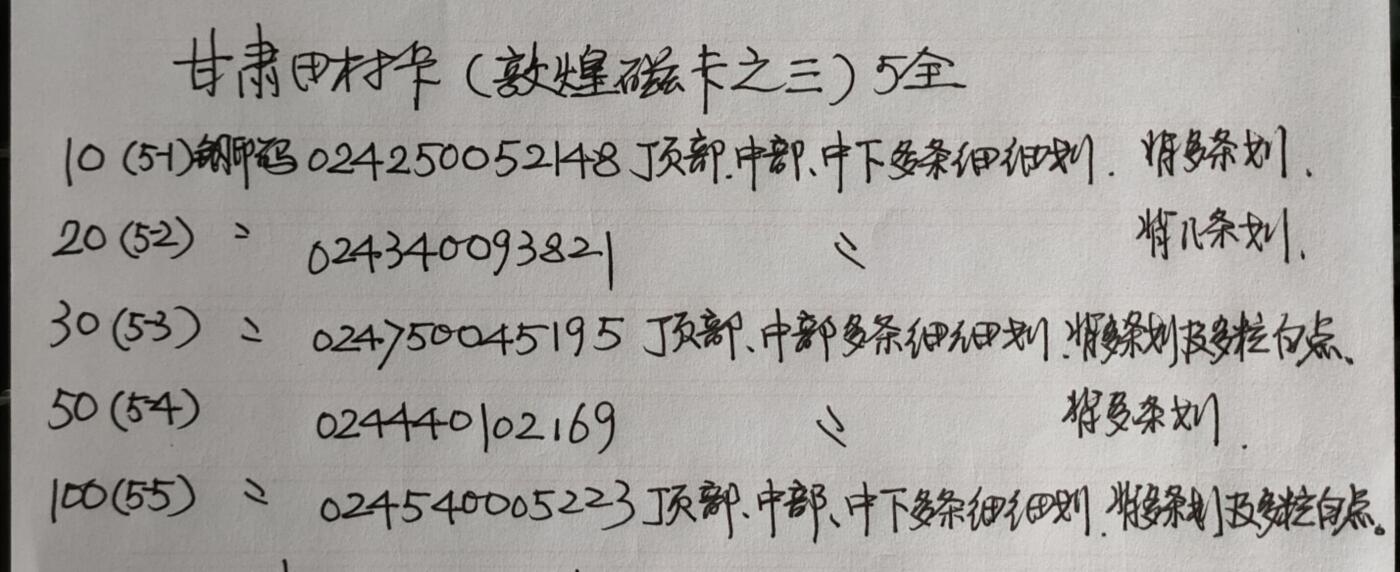 公藏第50期裸卡拍卖 甘肃田村卡（敦煌磁卡三）5全品相钢印码见描述。