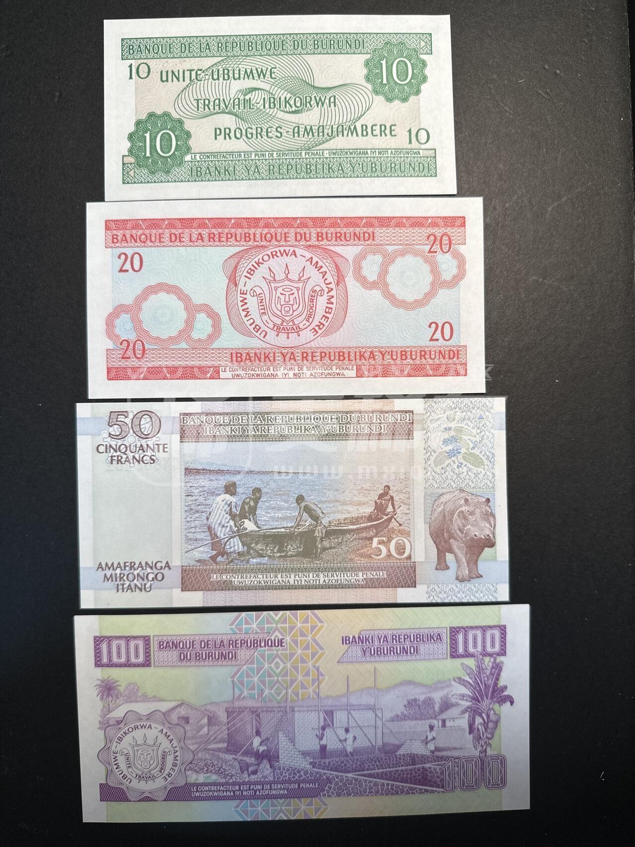 全新布隆迪2005、06、11年10、20、50、100、100法朗纸币5枚一组