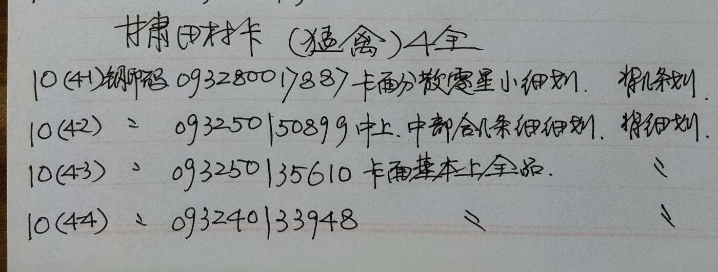 公藏第50期裸卡拍卖 甘肃田村卡（猛禽）4全品相钢印码见描述。