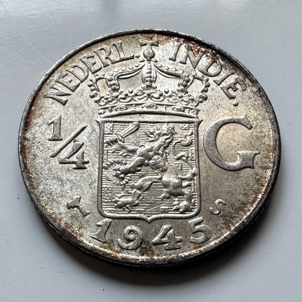 🌹外币初藏🌹🐯2025年第70场  每周二四六晚8️⃣点 接代拍 荷属东印度1945年S版1/4盾银币 原光