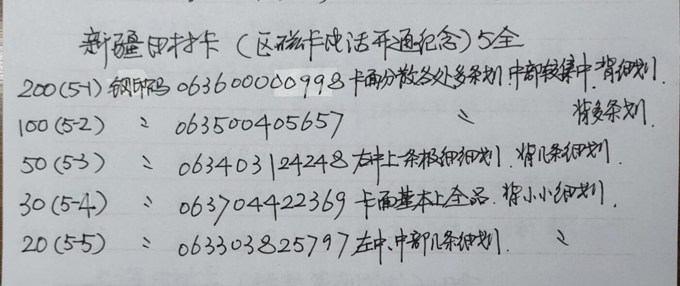 公藏第50期裸卡拍卖 新疆田村卡（区磁卡电话开通纪念）5全品相钢印码见描述。