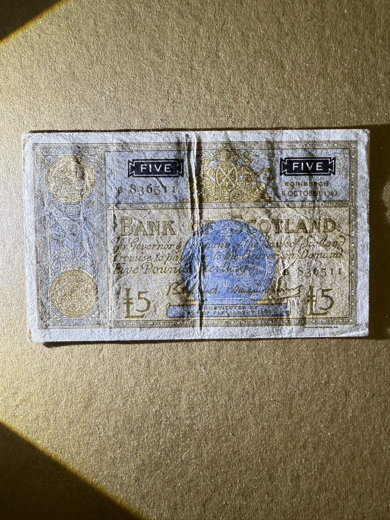 【炜奕收藏】，第三十八期 1963年苏格兰银行5镑，AU-品相，号码无47