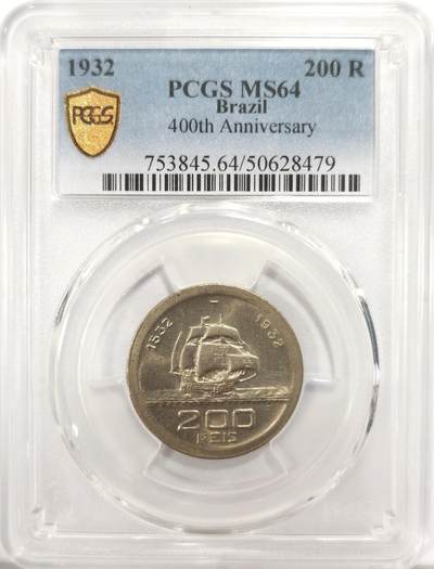 博洋堂世界钱币拍卖第129期（全场包邮） PCGS MS64 巴西1932年殖民地400周年200R纪念币