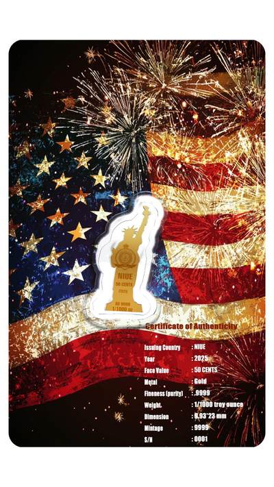 CSIS-GREAT评级精品钱币拍卖第三百零六期 纽埃2025年美国纽约自由女神像千分之一盎司异形长方形纪念金币