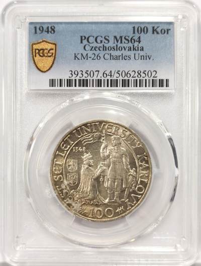 博洋堂世界钱币拍卖第129期（全场包邮） PCGS MS64 捷克斯洛伐克1948年查尔斯大学600周年100克朗纪念银币