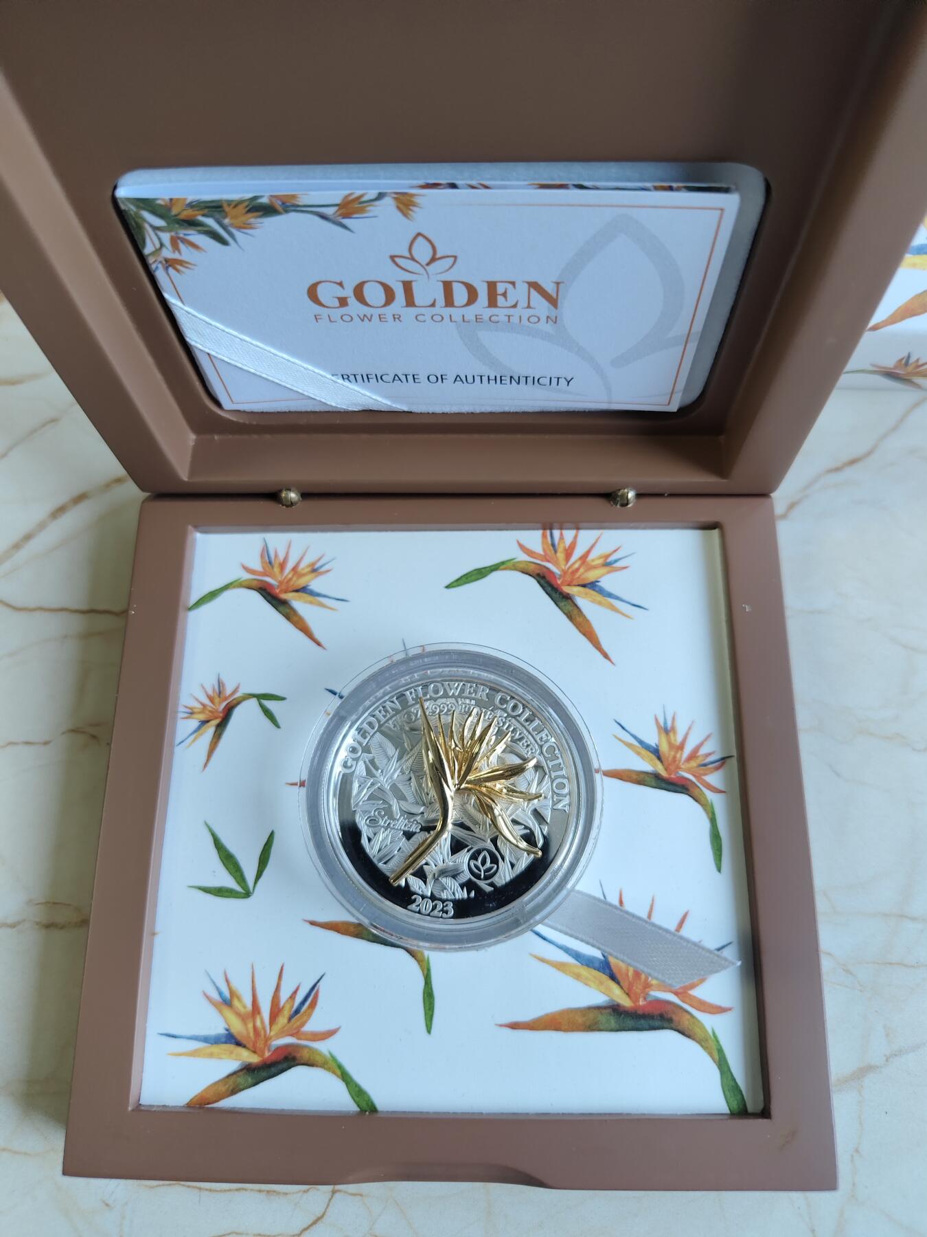 第165期拍卖【长期征集拍品】 萨摩亚2023年植物系列鹤望兰1盎司镀金纪念银币，999银镀金，发行1500枚，原价1450