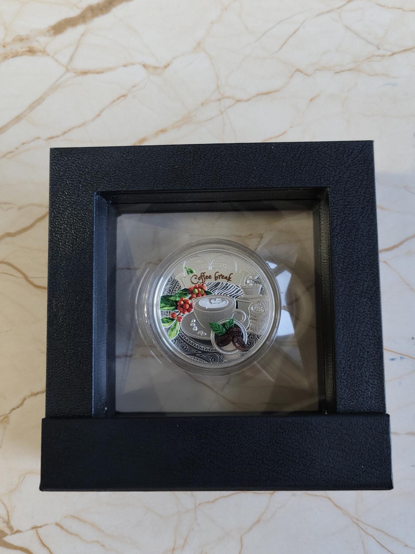 第165期拍卖【长期征集拍品】 纽埃2023年下午茶时光咖啡镶嵌3D打印咖啡豆彩色银币，925银，发行777枚，17.5克，原价580