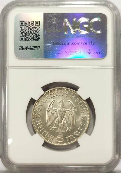 博洋堂世界钱币拍卖第129期（全场包邮） NGC MS65 冠军分！德国第三帝国1935年D版兴登堡5马克银币