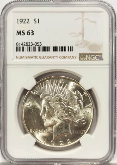 博洋堂世界钱币拍卖第129期（全场包邮） NGC MS63 美国1922年和平鹰银币