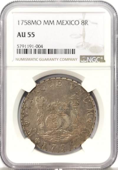 博洋堂世界钱币拍卖第129期（全场包邮） NGC AU55 西属墨西哥1758年费迪南六世地球双柱8R，淡彩细节压印优良