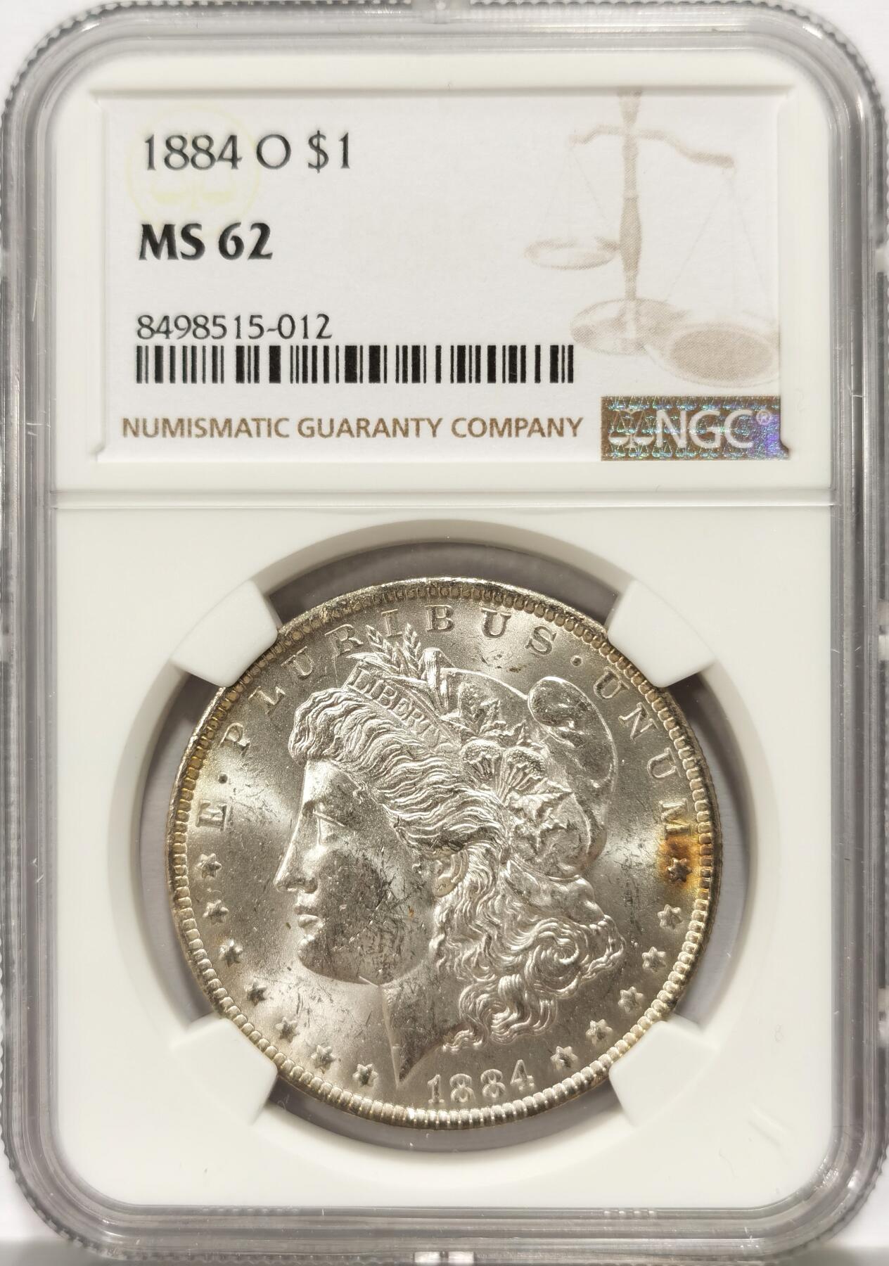 博洋堂世界钱币拍卖第129期（全场包邮） NGC MS62 美国1884年O版摩根银币，币面干净利落，非常漂亮