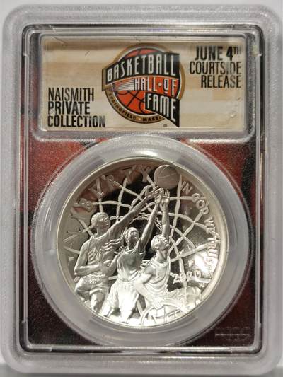 博洋堂世界钱币拍卖第129期（全场包邮） 美国2020年篮球名人堂1美元精制纪念银币PCGS-PR70DCAM，PROOF精制币，币面清爽干净又漂亮，状态一流，冠军分。特殊凹面设计，双倍厚度加厚盒。