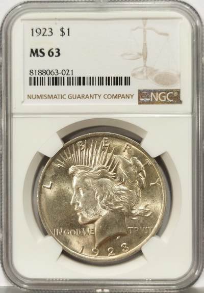 博洋堂世界钱币拍卖第129期（全场包邮） 1923年美国和平银元NGC-MS63，原汁原味，币面清爽干净又漂亮，状态极佳。