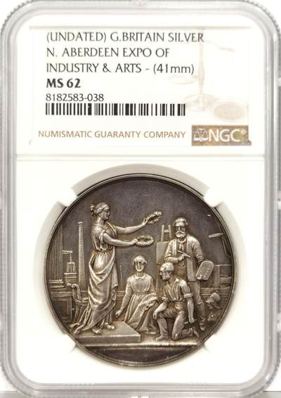 博洋堂世界钱币拍卖第129期（全场包邮） NGC MS62 大不列颠艺术和工业博览会41mm银章，18世纪末早期银章。超高浮雕，女神和人物极其立体！